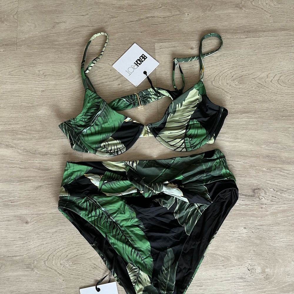 Beach Riot Green Leaf Print High Waist Bikini - TOP Only